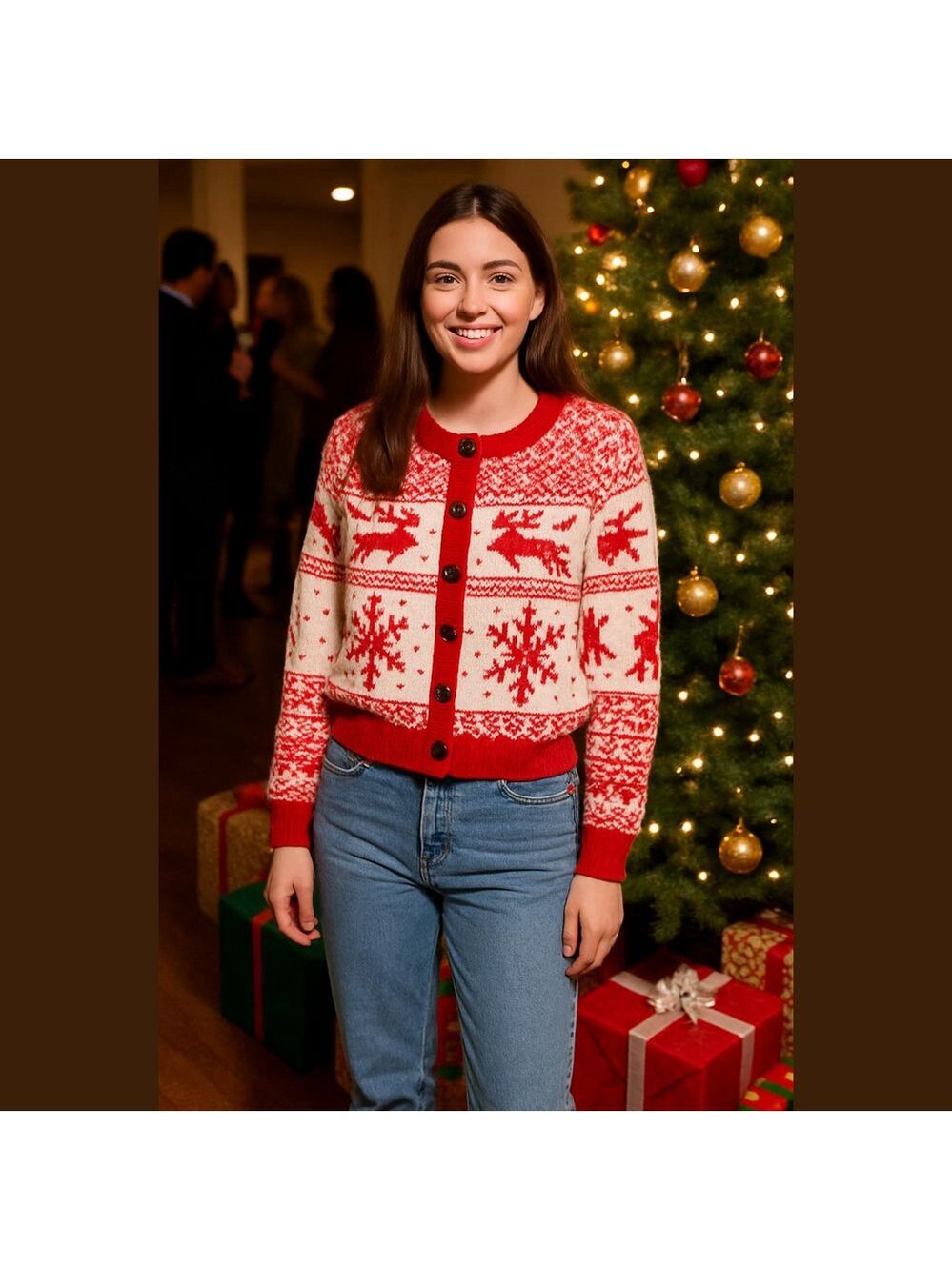 Vintage 90s Christmas Cardigan Sweater Snowflake Reindeer Design cottagecore